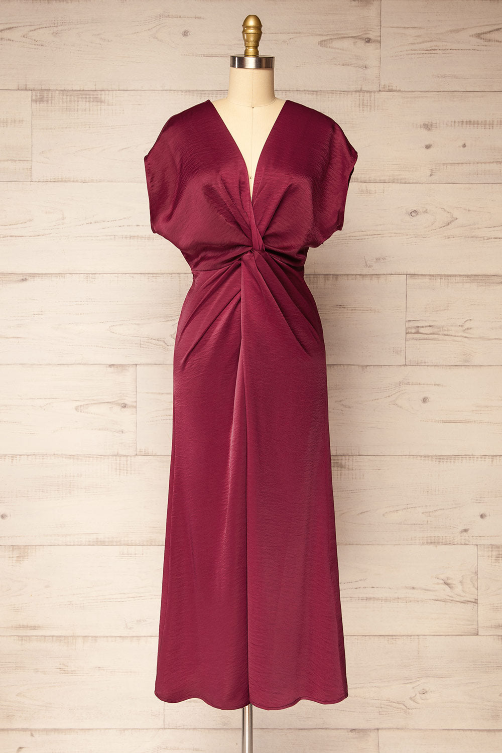 Bossie Burgundy Long Satin Dress w/ Knot Effect | Boutique 1861 front view