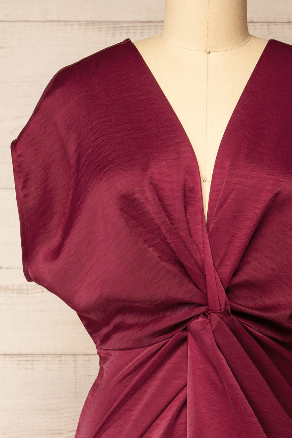 Bossie Burgundy Long Satin Dress w/ Knot Effect | Boutique 1861 front