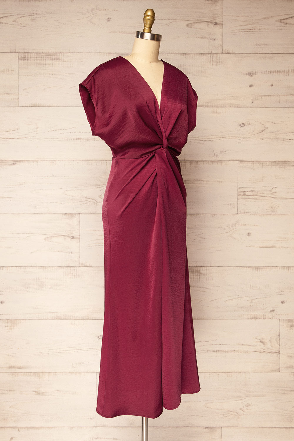 Bossie Burgundy Long Satin Dress w/ Knot Effect | Boutique 1861 side view