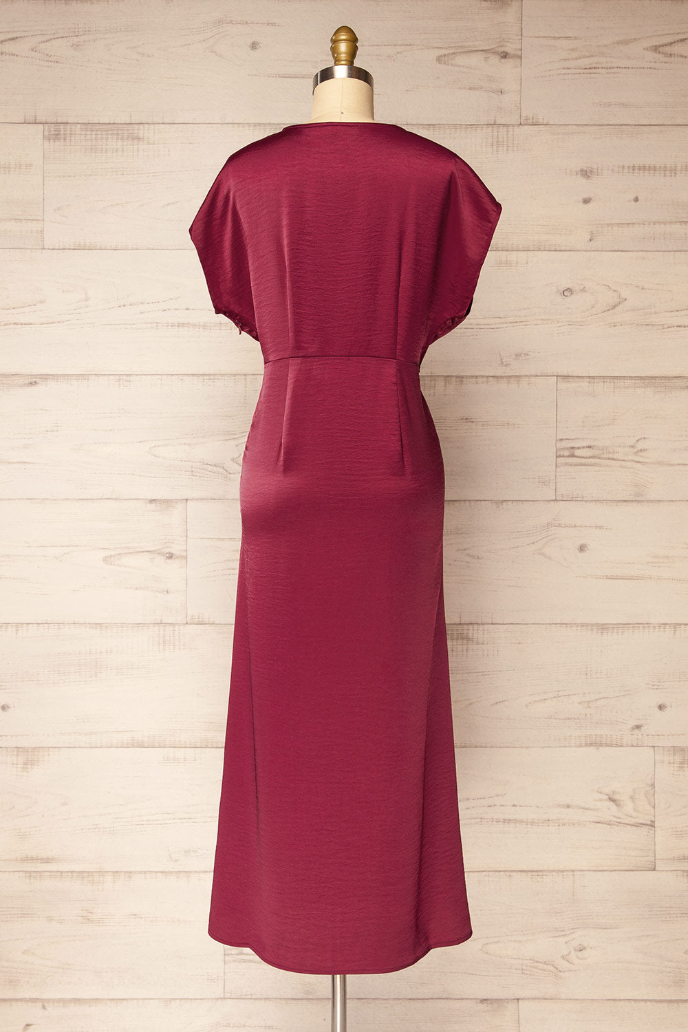 Bossie Burgundy Long Satin Dress w/ Knot Effect | Boutique 1861 back view