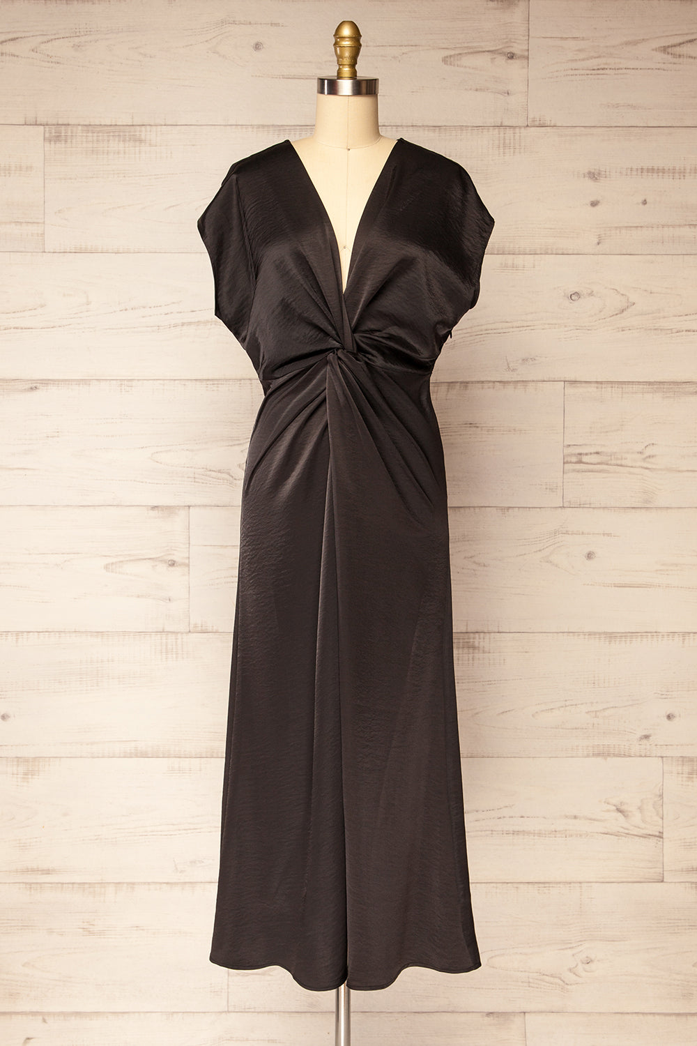 Bossie Black Long Satin Dress w/ Knot Effect | Boutique 1861 front view