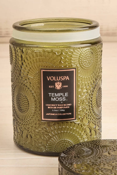 Temple Moss Medium Glass Candle by Voluspa | Maison garçonne open close-up