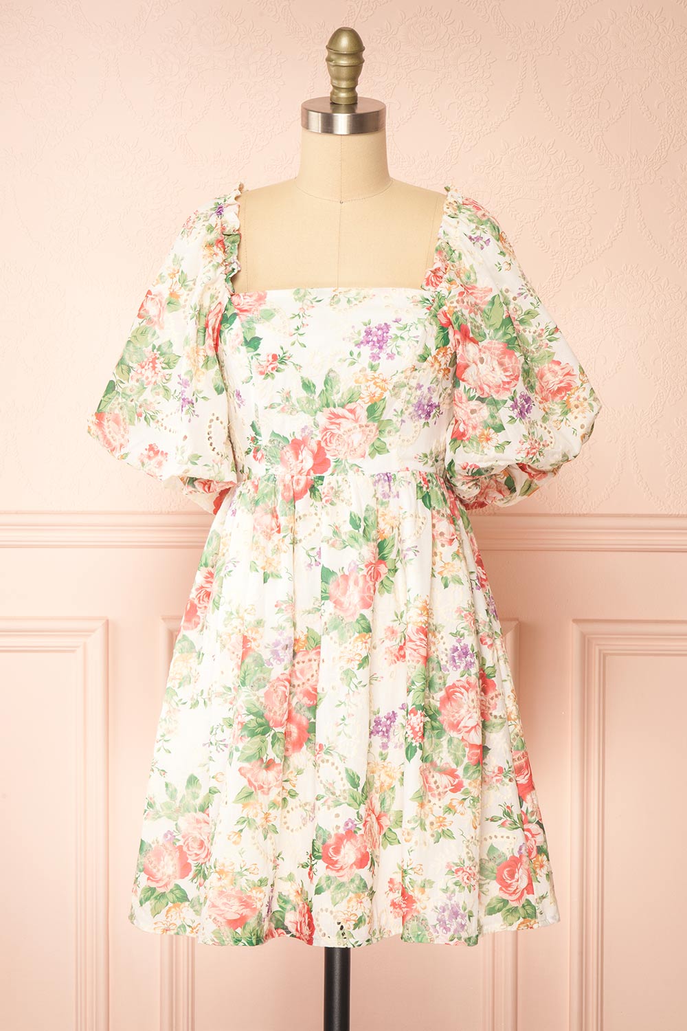 Bouqina Short Floral Dress w/ Puffy Sleeves | Boutique 1861 front view