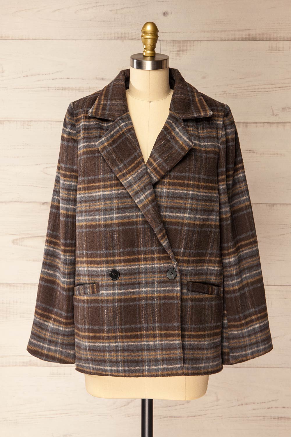 Bowen Brown Plaid Fuzzy Blazer Jacket | La petite garçonne front view