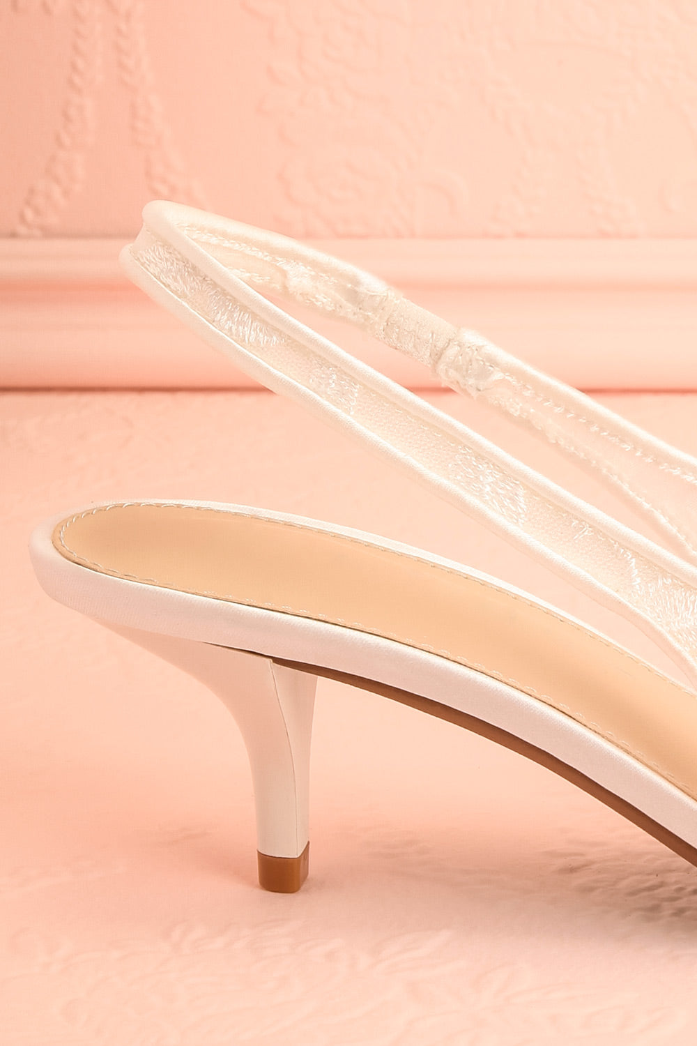 Brandy White Bridal Slingback Kitten Heels | Boudoir 1861 heel close-up