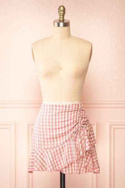 Briar Pink Short Asymmetrical Gingham Skirt | Boutique 1861 front view