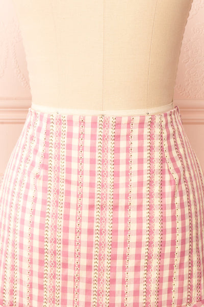 Briar Pink Short Asymmetrical Gingham Skirt | Boutique 1861 back close-up