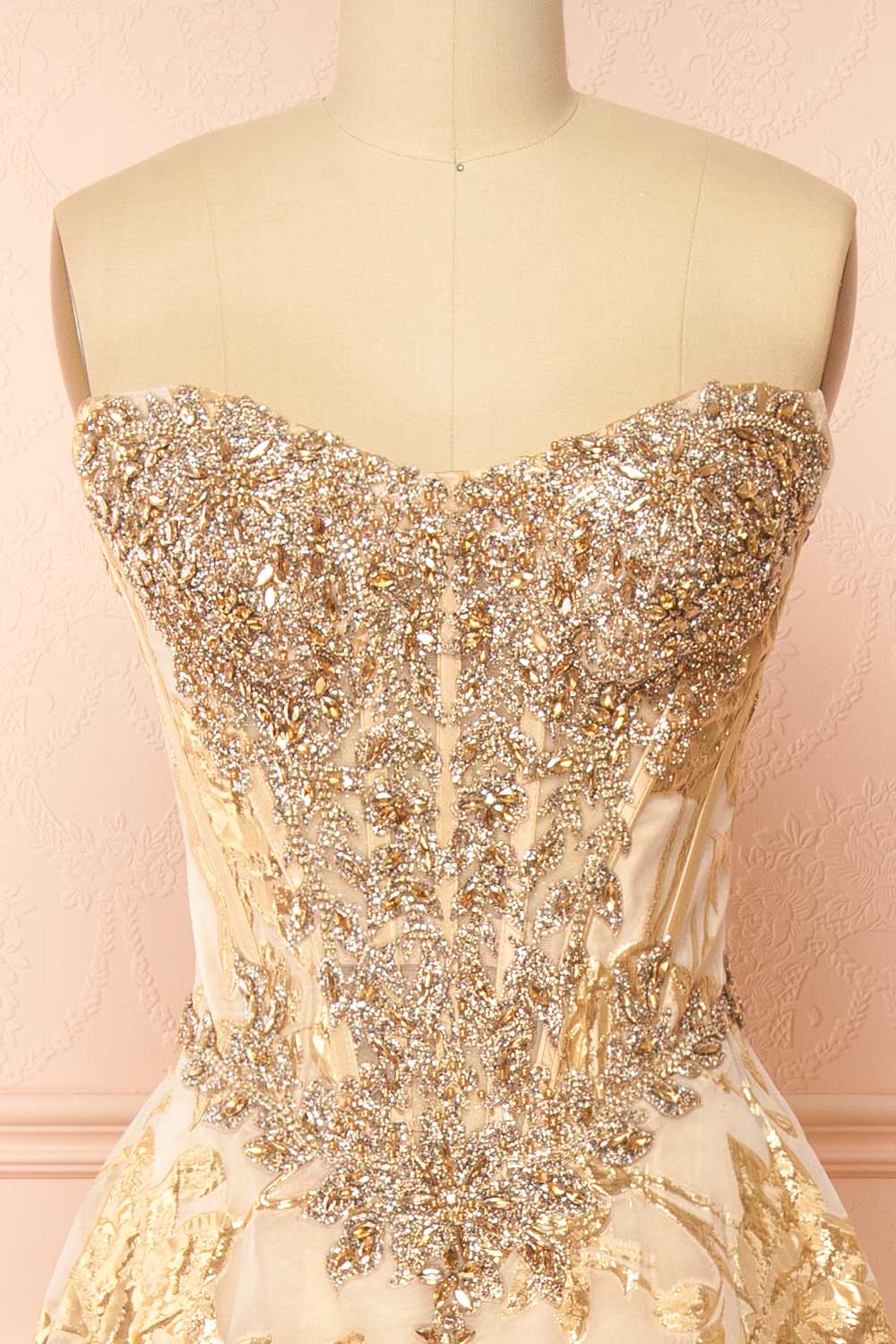 Bridgitte Gold Off-Shoulder A-Line Maxi Corset Dress | Boutique 1861 front no sleeve