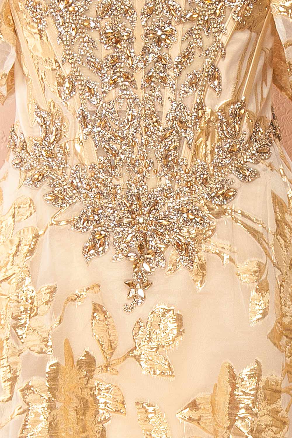 Bridgitte Gold Off-Shoulder A-Line Maxi Corset Dress | Boutique 1861 details