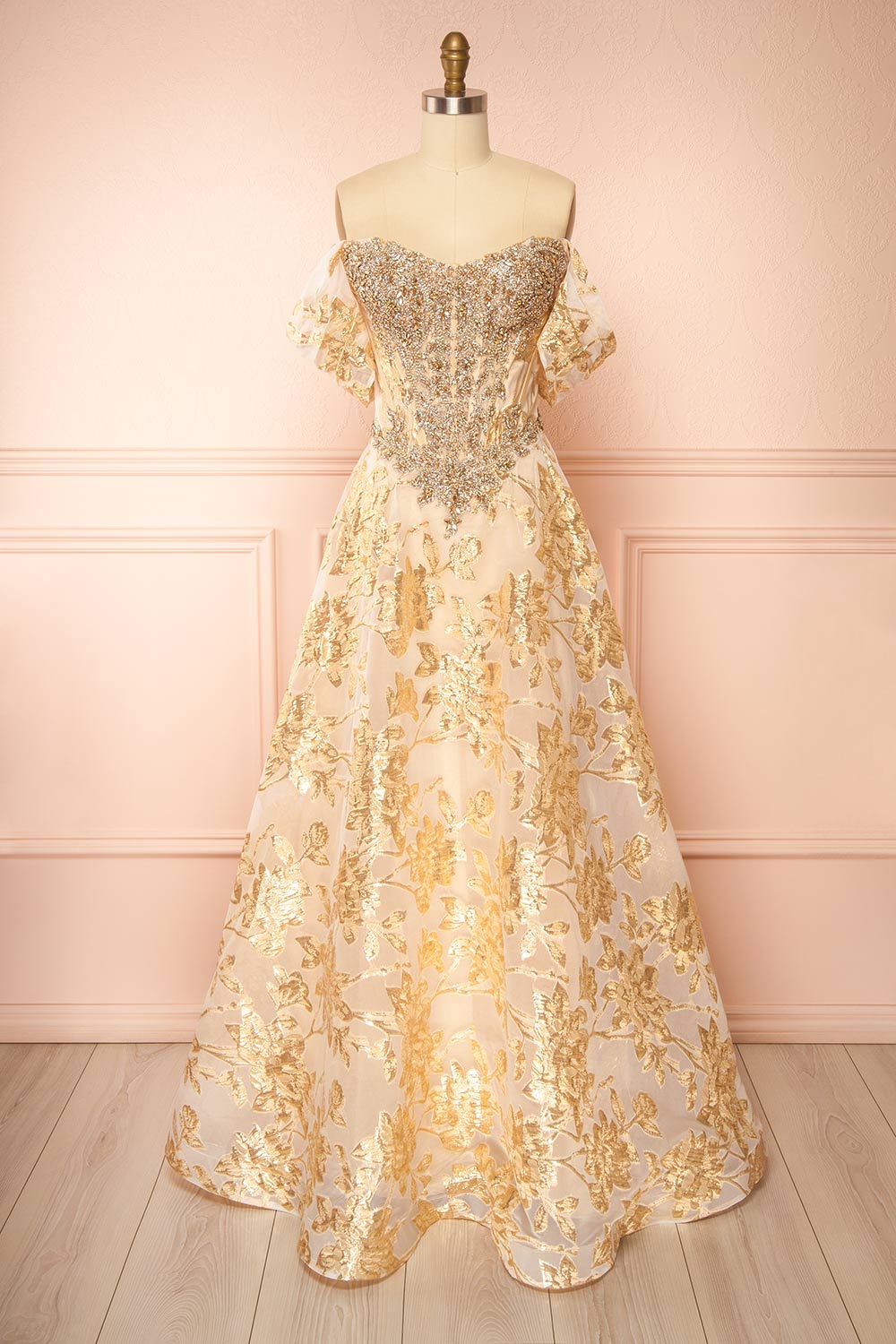 debut gold dress AMIYA Lace Up Back Pattern Sequin Gown