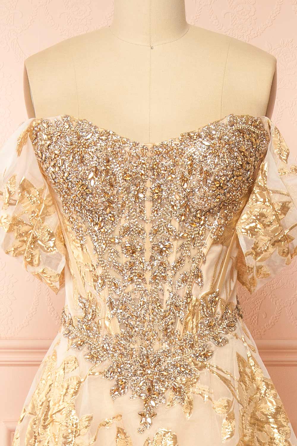 Bridgitte Gold Off-Shoulder A-Line Maxi Corset Dress | Boutique 1861 front sleeve