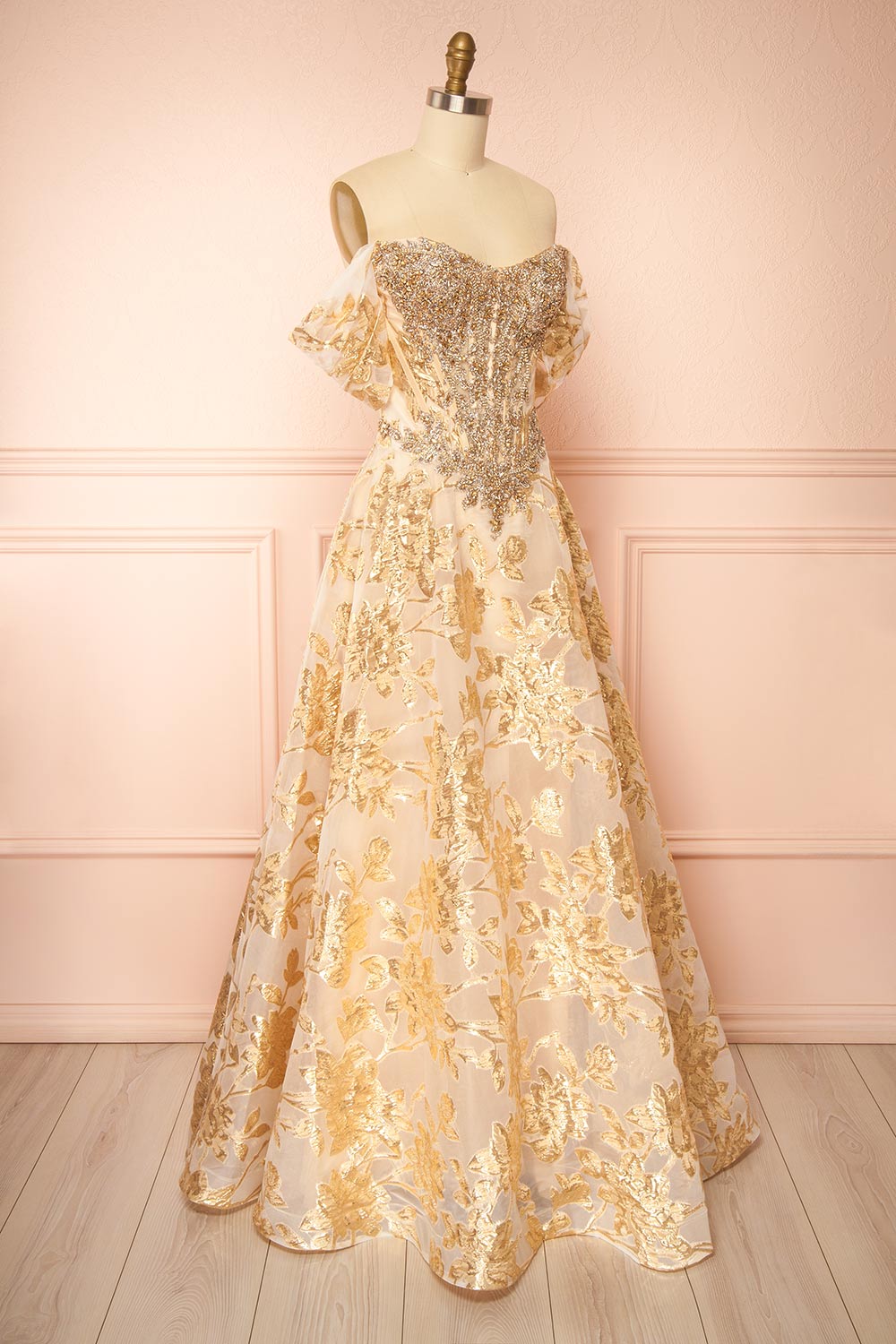 Bridgitte Gold Off-Shoulder A-Line Maxi Corset Dress | Boutique 1861 side view