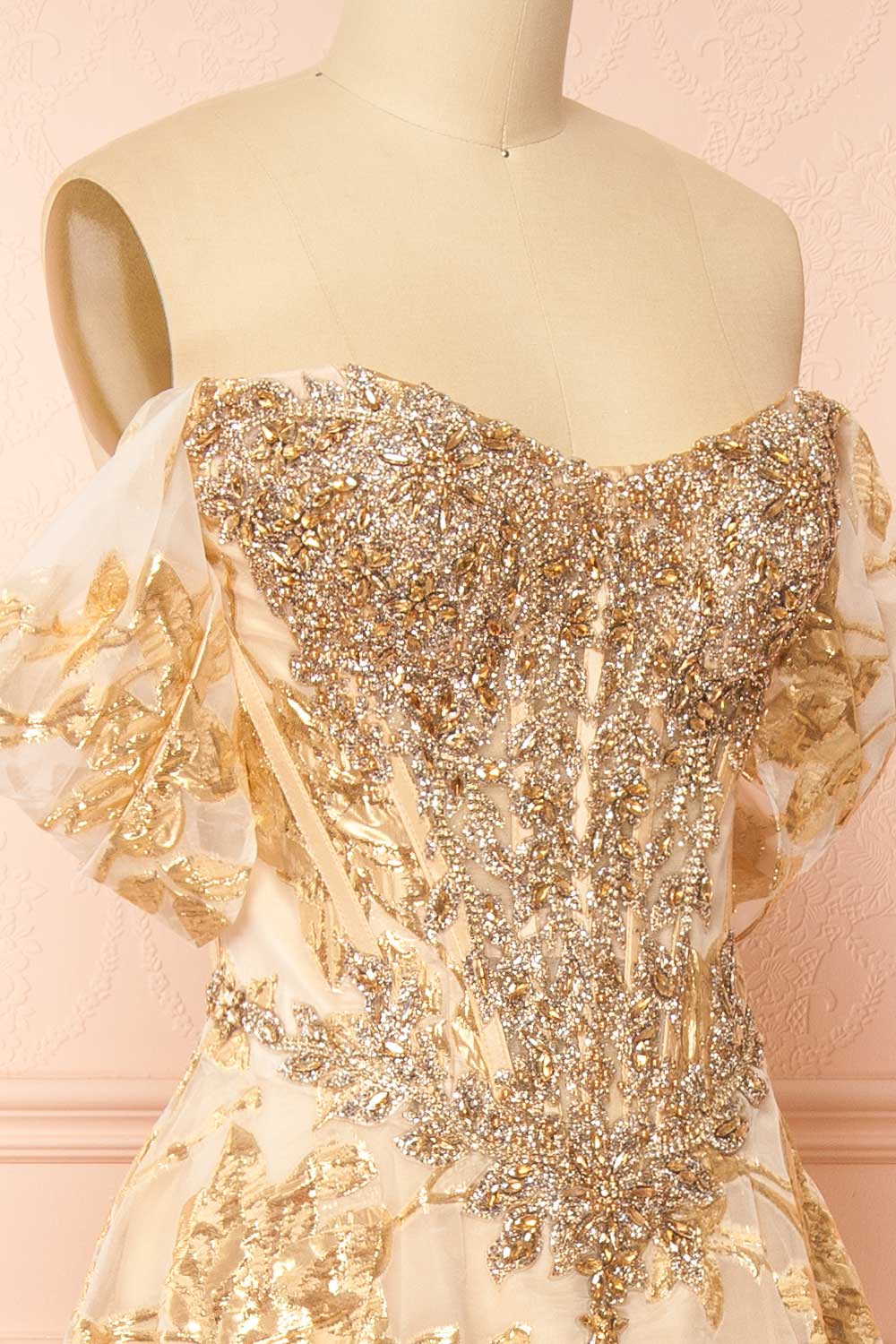 Bridgitte Gold Off-Shoulder A-Line Maxi Corset Dress | Boutique 1861 side