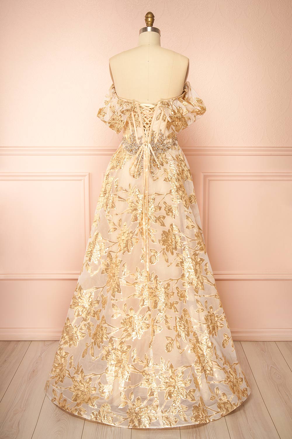 Bridgitte Gold Off-Shoulder A-Line Maxi Corset Dress | Boutique 1861 back view