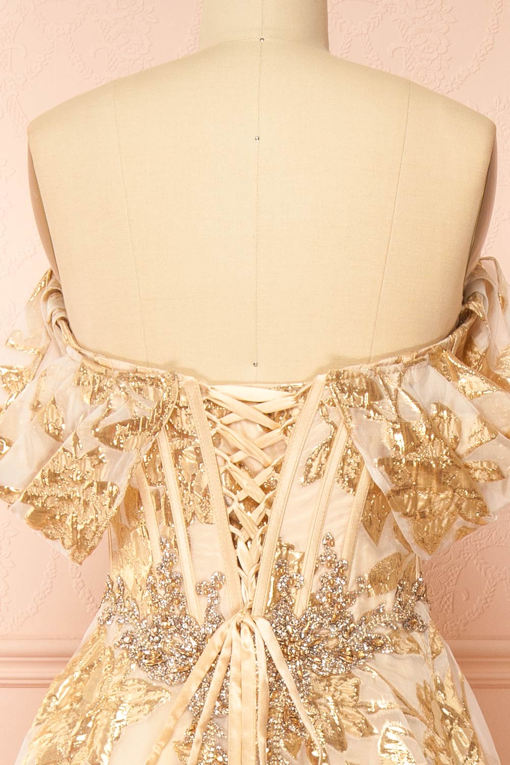 Bridgitte Gold Off-Shoulder A-Line Maxi Corset Dress | Boutique 1861 back