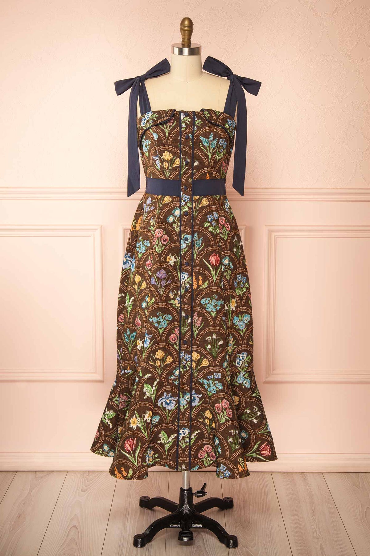 front view of Briette Brown Floral Tapestry Maxi Dress with Tie-Strap at Boutique 1861 