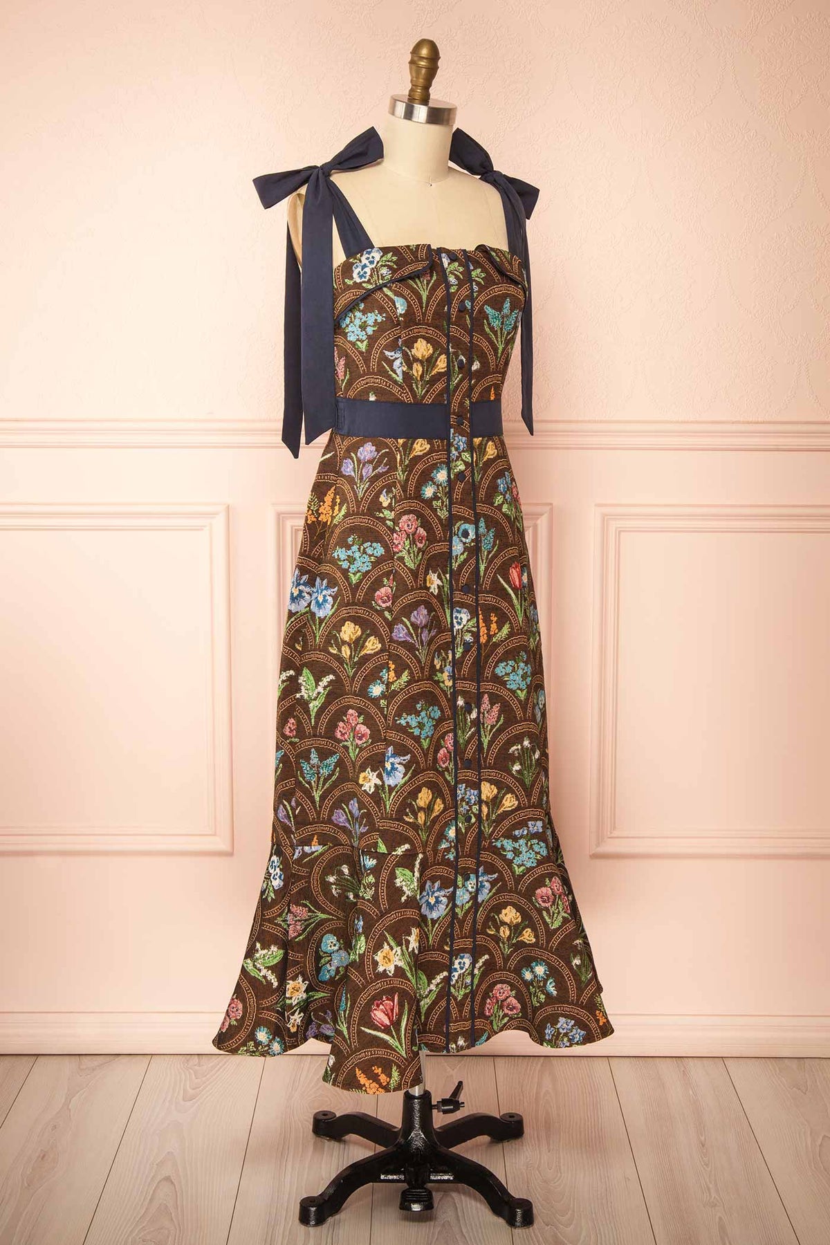 side front view of Briette Brown Floral Tapestry Maxi Dress with Tie-Strap at Boutique 1861 