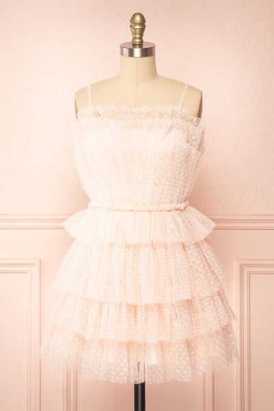 Brisa Short Pink Layered Tulle Dress w/ Polka Dots | Boutique 1861 front view