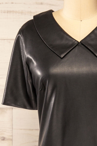 Brisbane Short Black Faux-Leather Dress | La petite garçonne front close-up