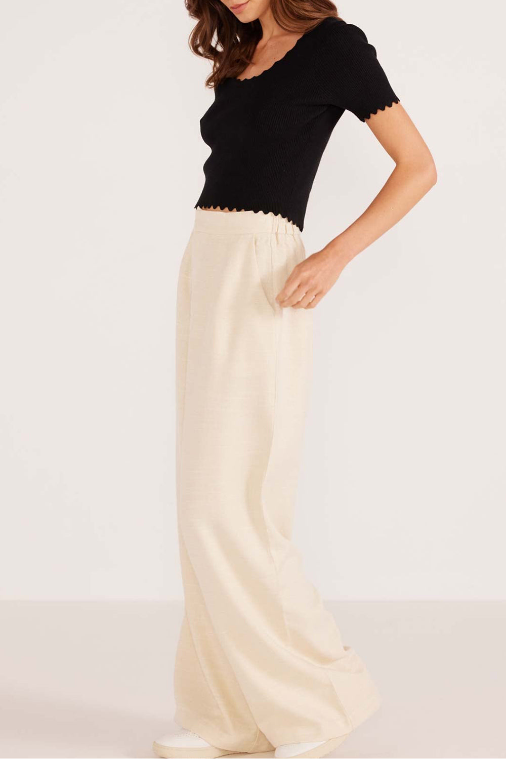 Borden Beige Wide Leg Pants | La petite garçonne side on model