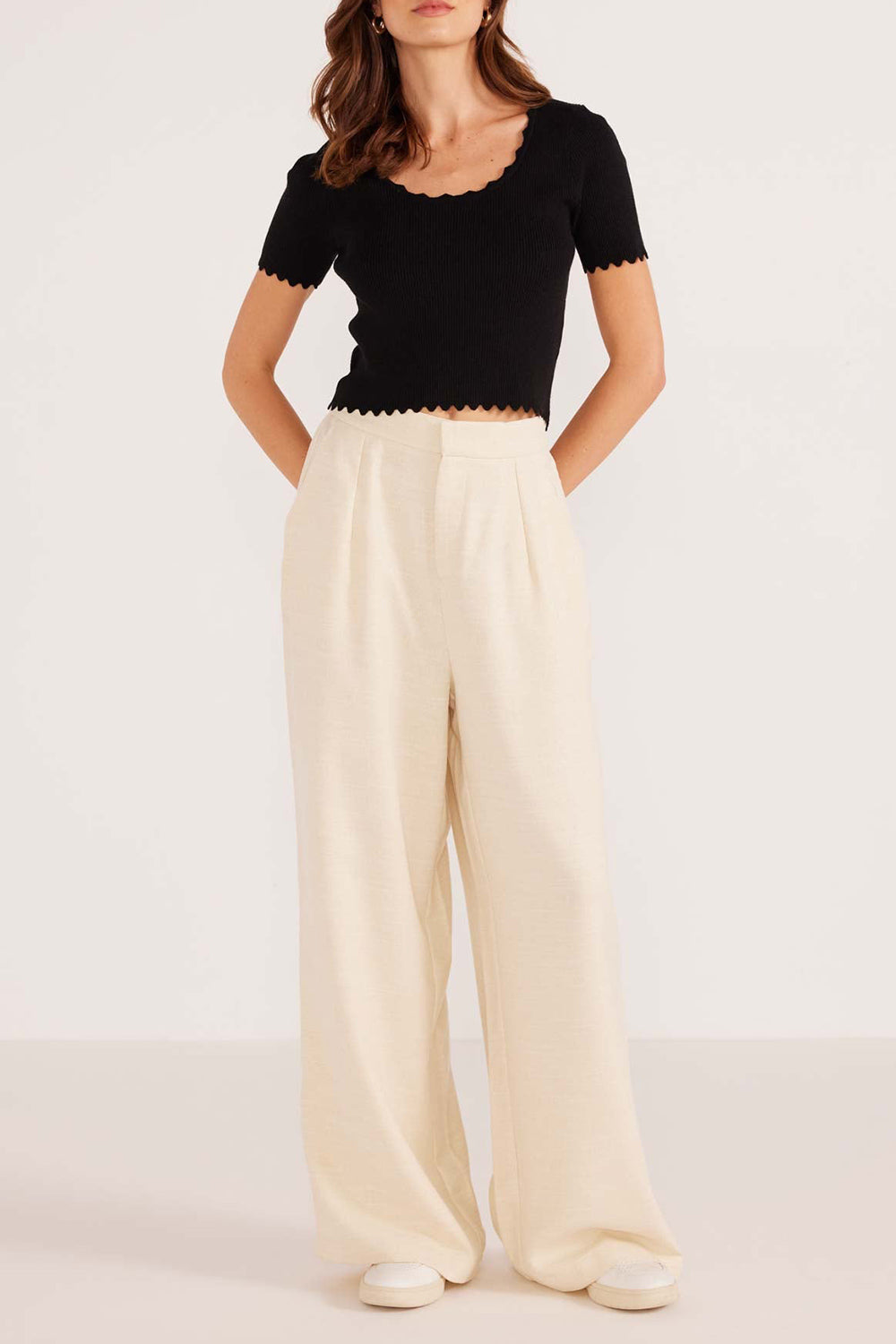 Borden Beige Wide Leg Pants | La petite garçonne on model