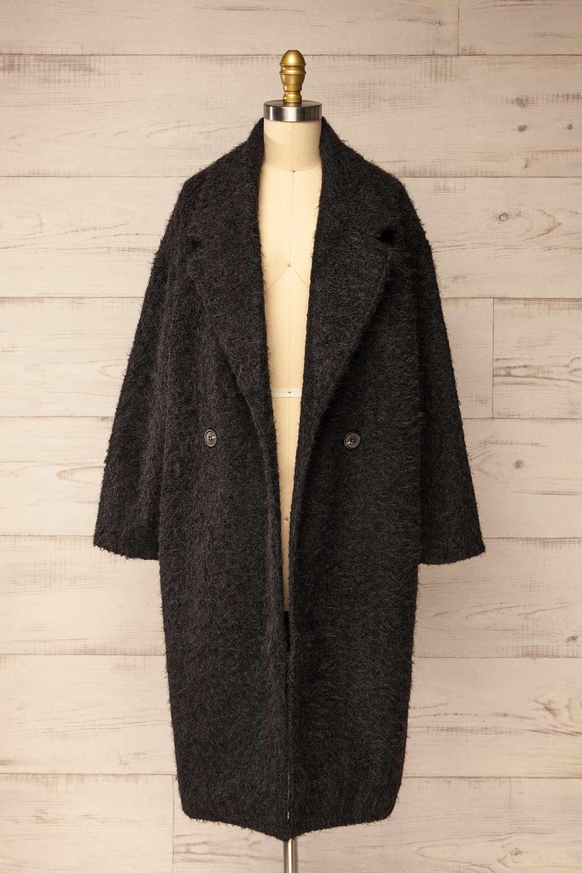 front view of Budhanil Black Long Fuzzy Coat open at La petite garçonne