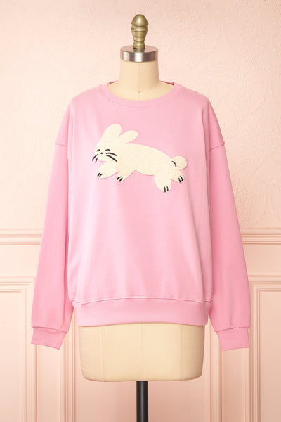 Bugsy Embroidered Bunny Pink Crewneck Sweatshirt | Boutique 1861 front view