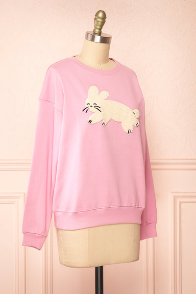 Bugsy Embroidered Bunny Pink Crewneck Sweatshirt | Boutique 1861  side view