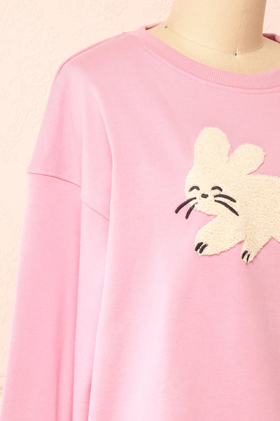 Bugsy Embroidered Bunny Pink Crewneck Sweatshirt | Boutique 1861  side close-up