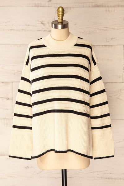 Bulgary Black & Beige Striped Knit Sweater | La petite garçonne front view