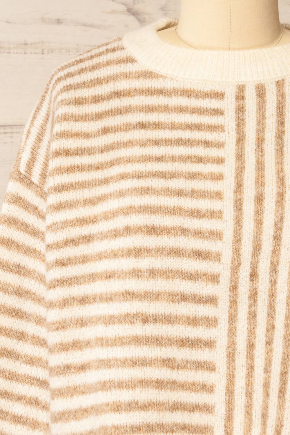 Burbank Taupe Ivory Knit Sweater w/ Stripes | La petite garçonne front close-up