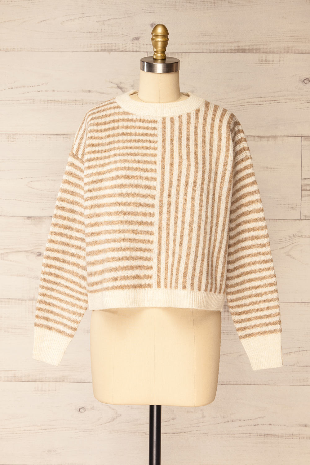 Burbank Taupe Ivory Knit Sweater w/ Stripes | La petite garçonne front view