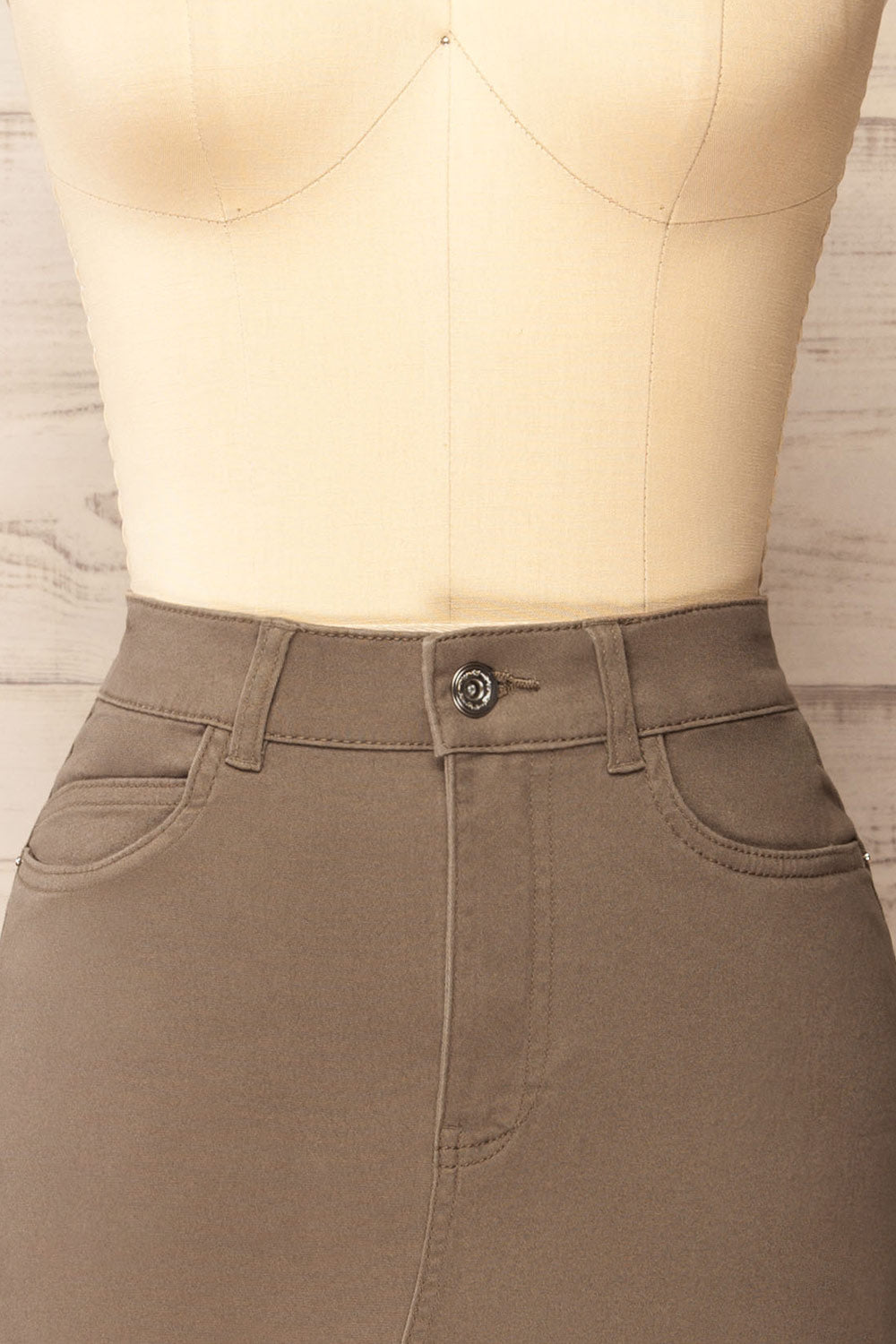 Busan Taupe Straight Denim Midi Skirt | La petite garçonne  front
