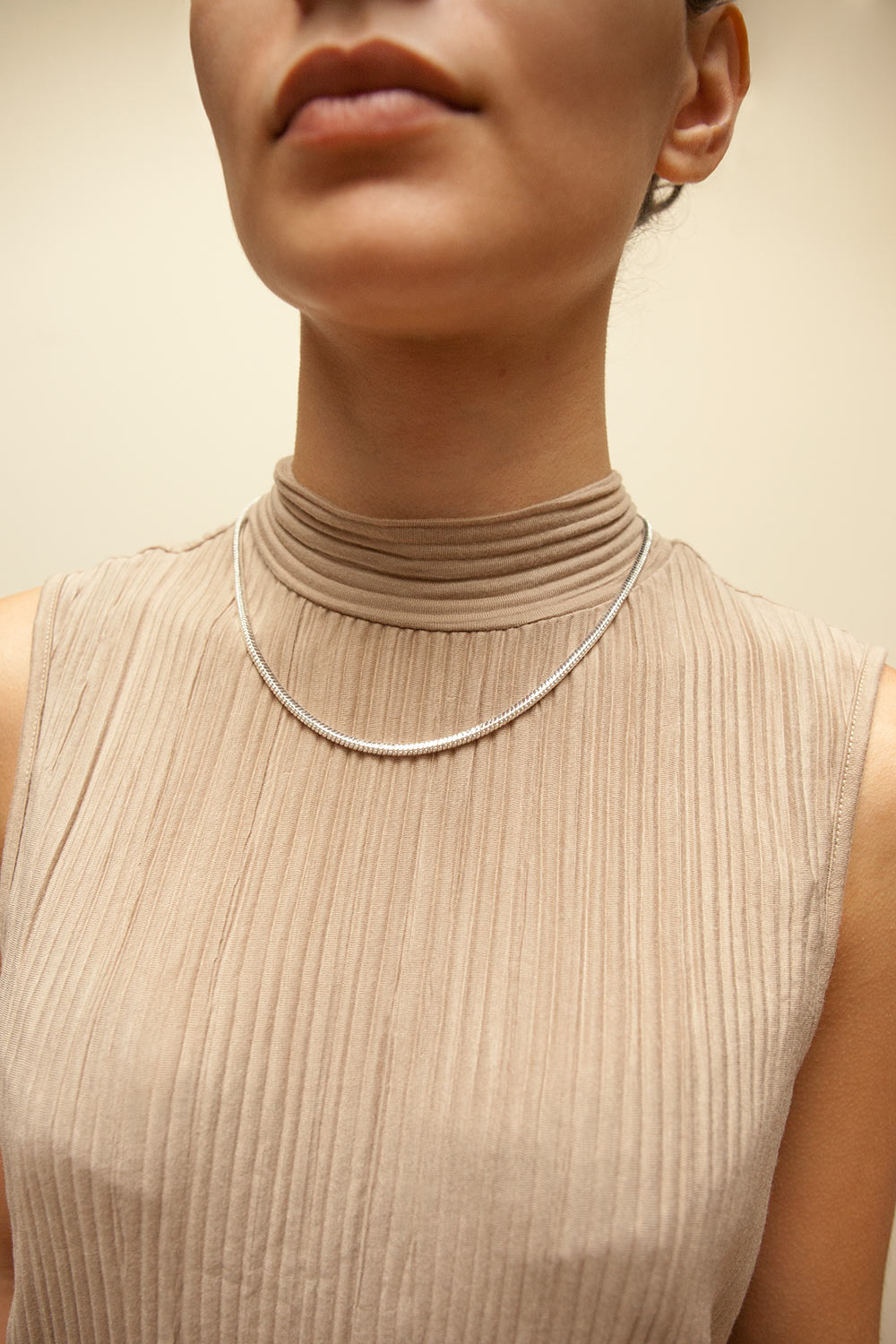 Buslem Silver Square Snake Chain Necklace | La petite garçonne model