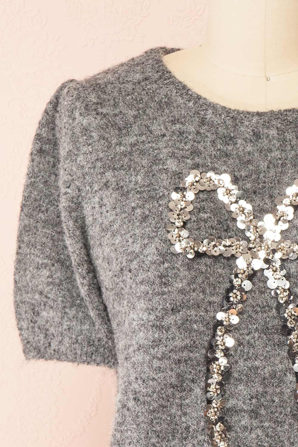 Byram Grey Knitted T-Shirt with Sequin Bow | Boutique 1861 front