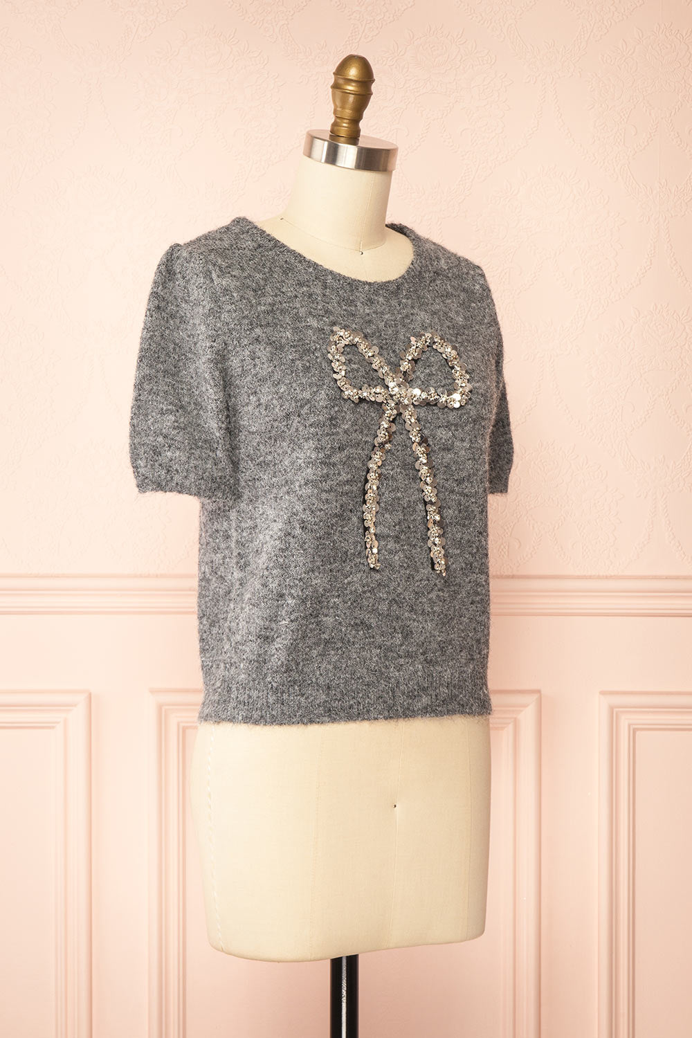 Byram Grey Knitted T-Shirt with Sequin Bow | Boutique 1861 side view
