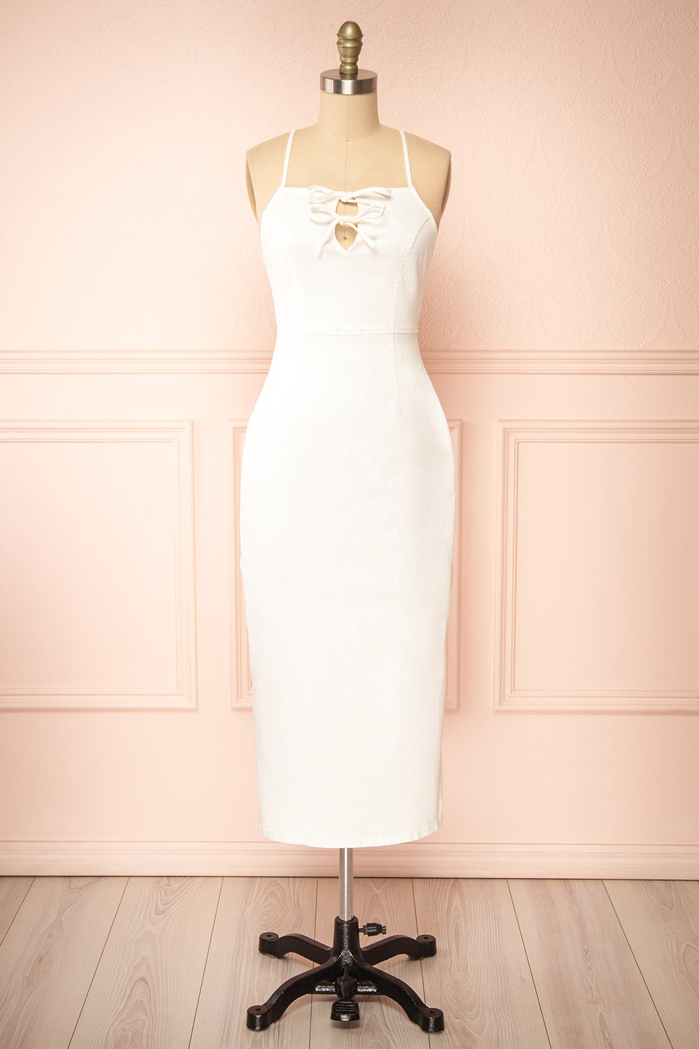 Cadila Fitted Ivory Denim Midi Dress | Boutique 1861 front view
