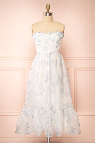 Caelly Blue & White Bustier Floral Midi Dress | Boutique 1861 front view