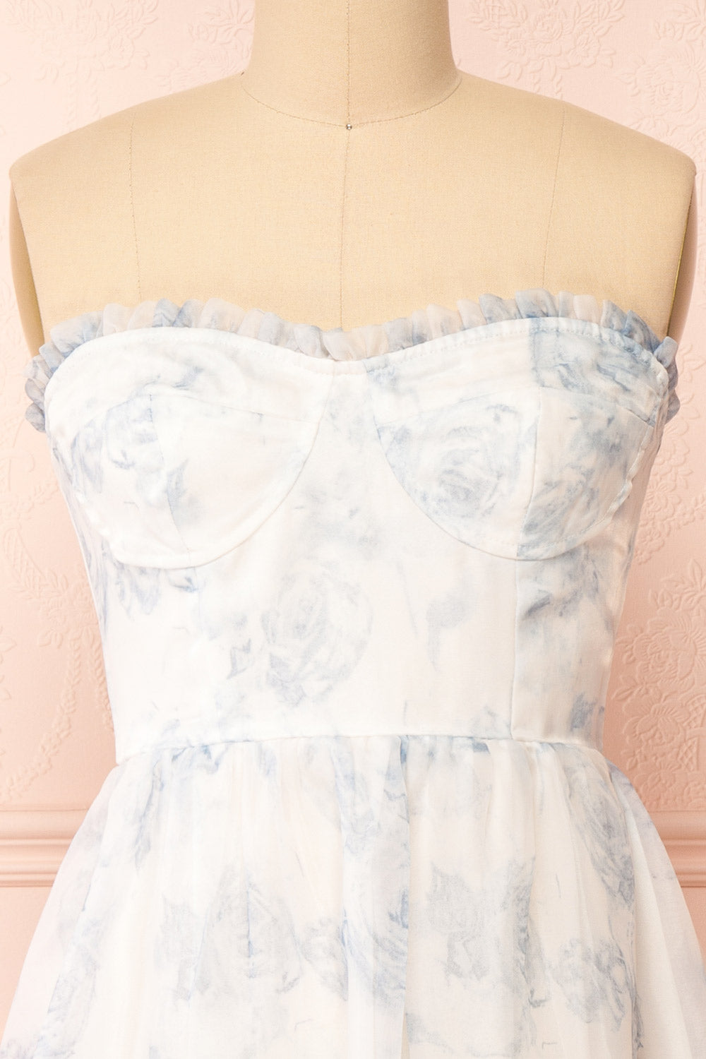 Caelly Blue & White Bustier Floral Midi Dress | Boutique 1861 front close-up