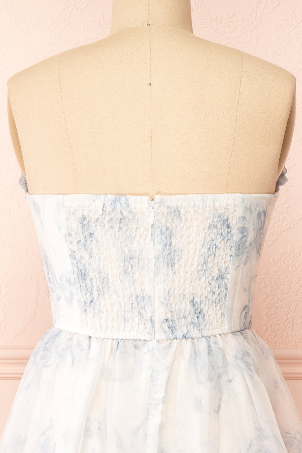 Caelly Blue & White Bustier Floral Midi Dress | Boutique 1861 back close-up