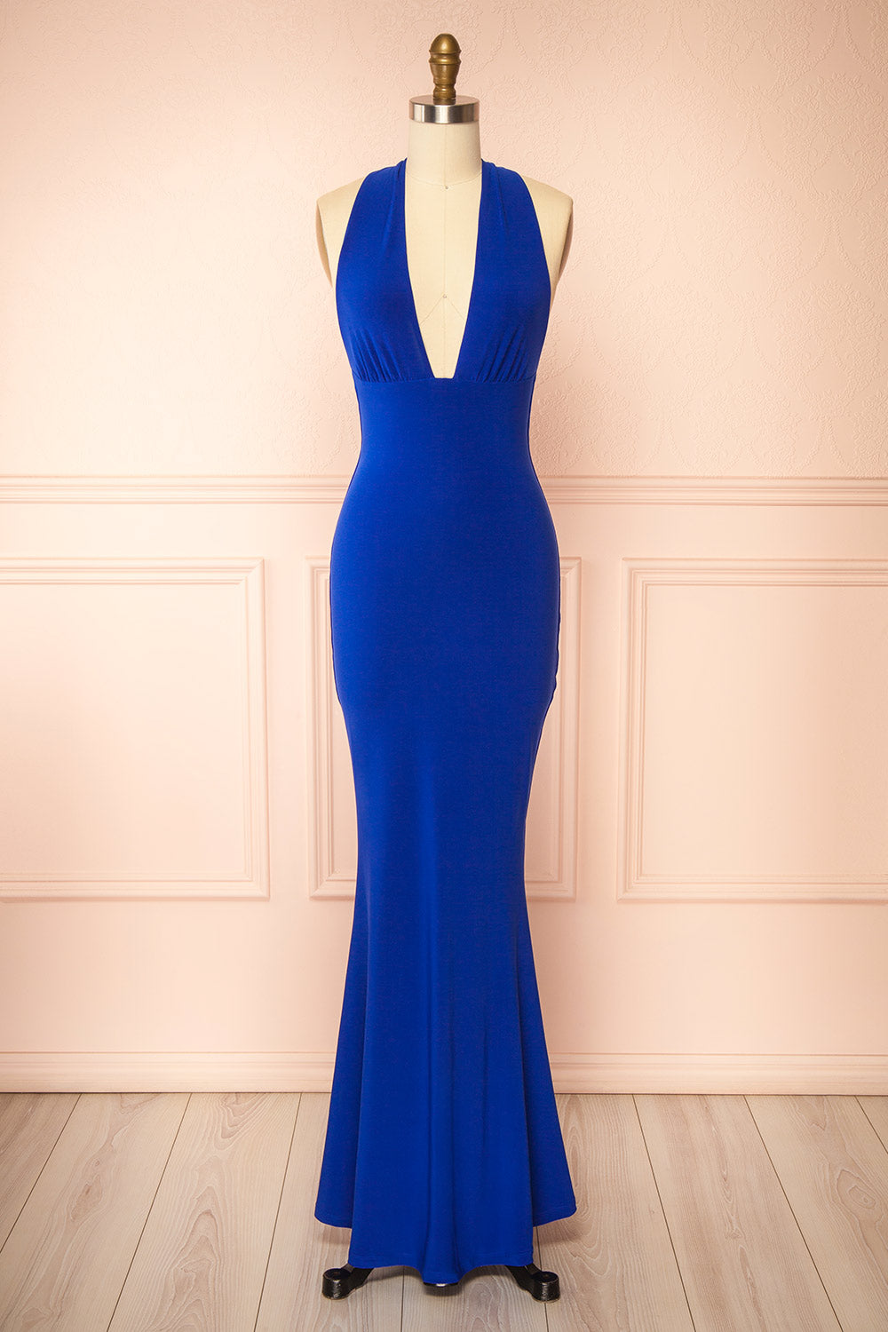 Caiden Blue Halter V Neck Open Back Mermaid Dress | Boutique 1861 front view
