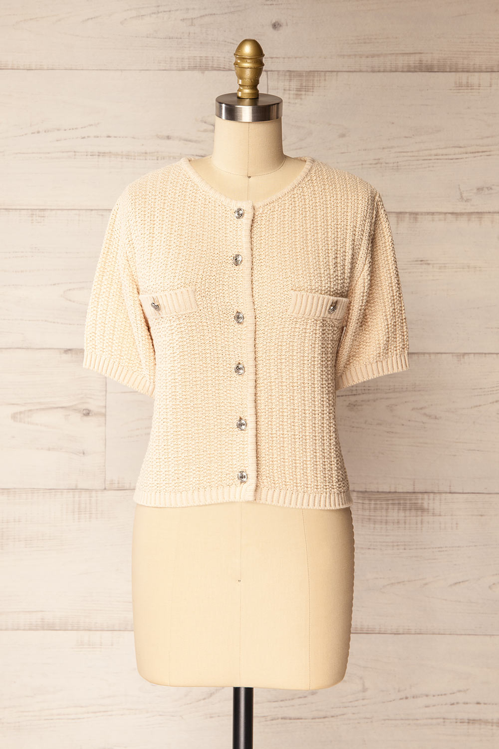 Cairns Beige Knitted Button-Down Top | La petite garçonne front view