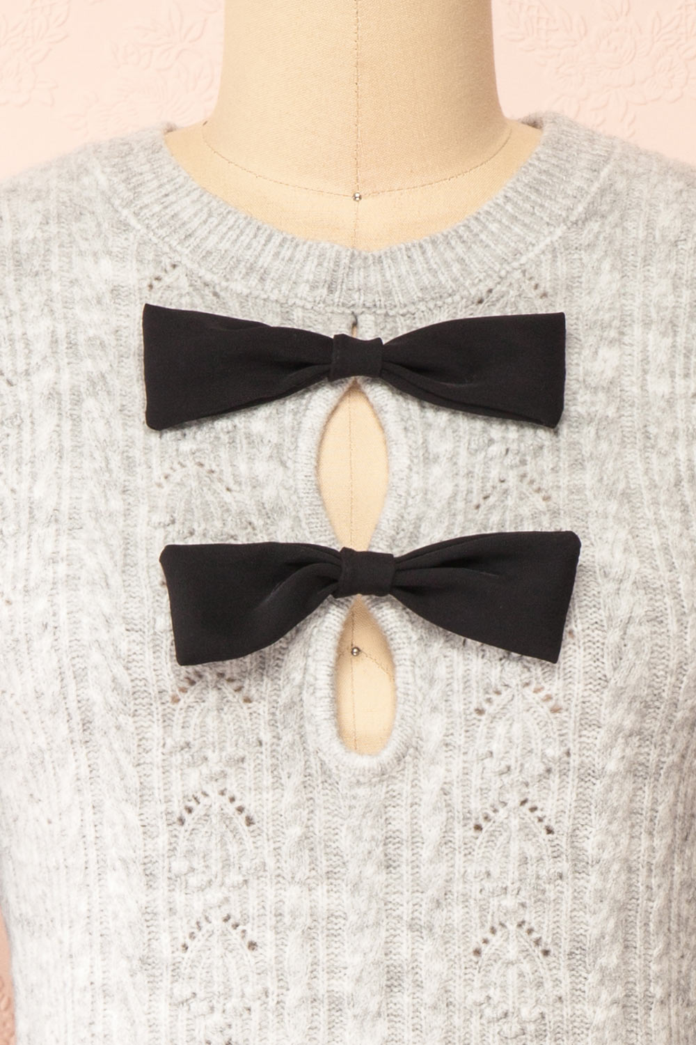 Calandra Short Grey Wool Dress w/ Black Bows | Boutique 1861 front close-up