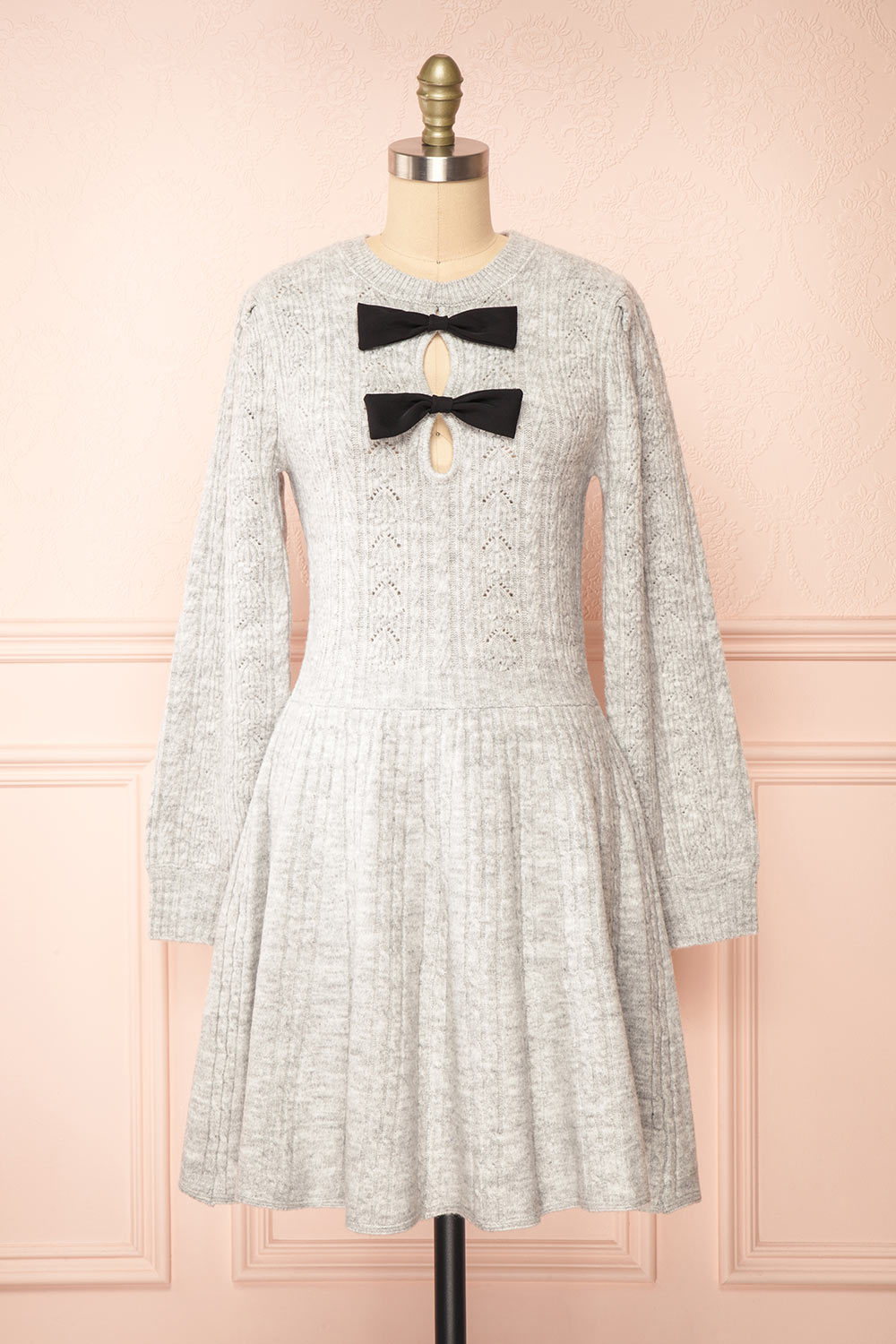 Calandra Short Grey Wool Dress w/ Black Bows | Boutique 1861 front view