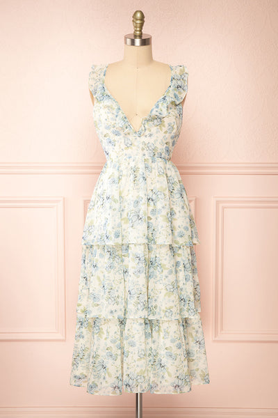 Calania Tiered Floral Midi Dress w/ Ruffles | Boutique 1861 front view