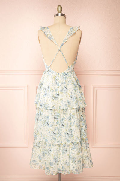 Calania Tiered Floral Midi Dress w/ Ruffles | Boutique 1861 back view