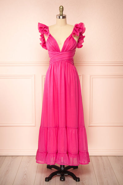 Calantha | Long Fuschia Dress w/ Ruffled Straps | Boutique 1861 front view