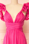 Calantha | Long Fuschia Dress w/ Ruffled Straps | Boutique 1861 front close-up