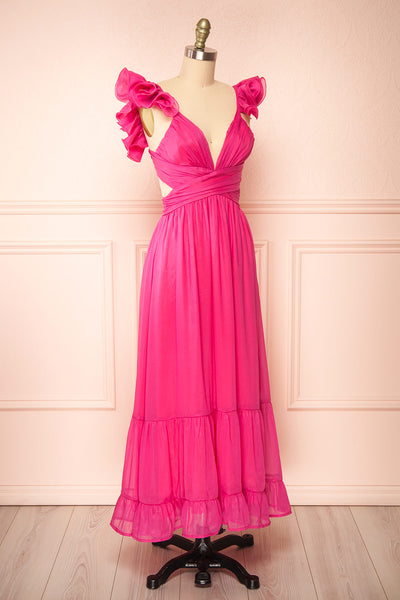 Calantha | Long Fuschia Dress w/ Ruffled Straps | Boutique 1861 side view