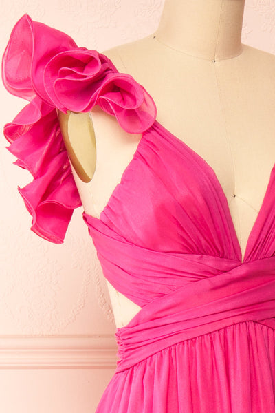 Calantha | Long Fuschia Dress w/ Ruffled Straps | Boutique 1861 side close-up